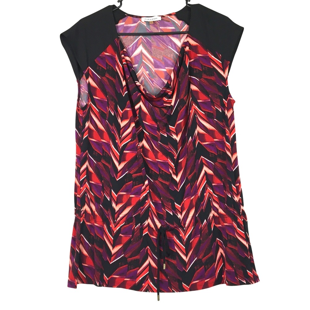 Calvin Klein Abstract Chevron Cowl Neck Sleeveless Top Large Red Purple